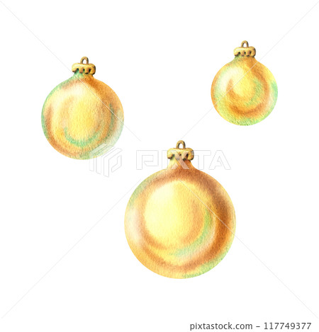New Year's balls round gold with a fastening for hanging, shiny, voluminous, simple, different sizes. Watercolor illustration drawn by hand. Set of individual elements isolated from the background. New Year's balls round gold with a fastening for hanging, shiny, voluminous, simple, different sizes. Watercolor illustration drawn by hand. Set of individual elements isolated from the background. 117749377