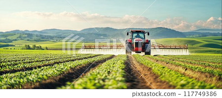 Tractor spraying pesticides, copy space, free space for text, green farm field with young sprouts background, rural landscape 117749386