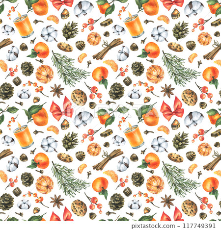 Orange whole and peeled tangerines with candles, pine branch and cone, cotton, spice leaves, cookies and chocolates. Watercolor illustration, hand drawn. Seamless pattern on a white background. 117749391