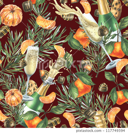 Christmas collection with tangerines, sweets, spices, champagne and plants. Watercolor illustration, hand drawn for holiday decor. Seamless pattern on a burgundy background. 117749394