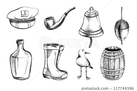 Captain s cap, tobacco pipe, ship s bell, fishing float, glass bottle of rum, rubber boots, sea gull, wooden barrel. Hand drawn graphic line art. Marine, nautical set of elements, clip art. Captain s cap, tobacco pipe, ship s bell, fishing float, glass bottle of rum, rubber boots, sea gull, wooden barrel. Hand drawn graphic line art. Marine, nautical set of elements, clip art. 117749396