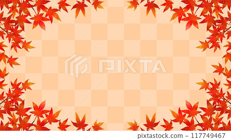Autumn leaves and checkered pattern Autumn Japanese style frame background 16:9 117749467