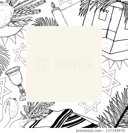 Sukkot symbols square frame flat vector illustration in black and white with etrog, four species, tallit, sukkah, wine glass and palm leaves for Jewish holiday greetings 117749470