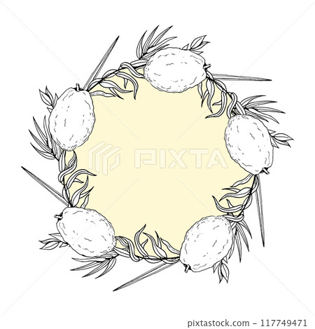 Line Etrog lemon fruit with Sukkot plants round wreath vector illustration for coloring and black and white stickers on pastel yellow. Jewish holiday greeting banner template in simple style Line Etrog lemon fruit with Sukkot plants round wreath vector illustration for coloring and black and white stickers on pastel yellow. Jewish holiday greeting banner template in simple style 117749471