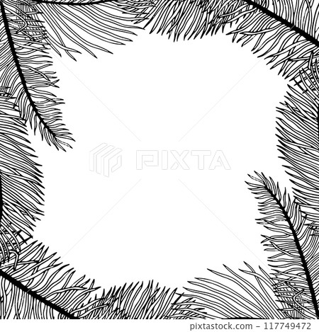 Line tropical palm leaves square frame black and white vector illustration with ink twigs and branches. Jungle florals label template for postcard, invitation, banner or poster 117749472