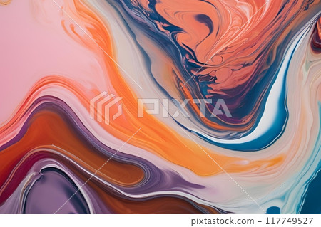 Beautiful abstraction of liquid paints in slow blending flow mixing together gently  117749527