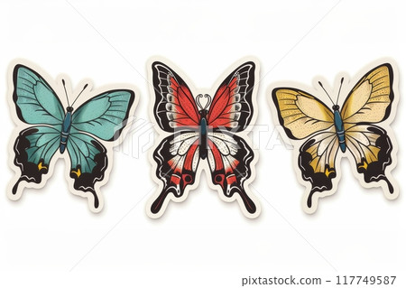 Colorful butterfly illustrations with detailed patterns on a white background 117749587