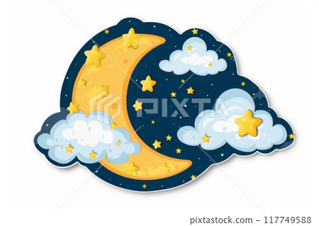Night sky decorated with crescent moon, stars and clouds 117749588