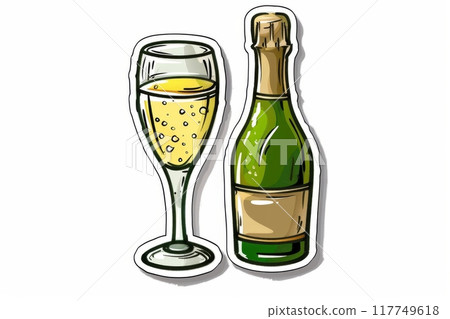 A glass of sparkling wine and a bottle of festive drink 117749618