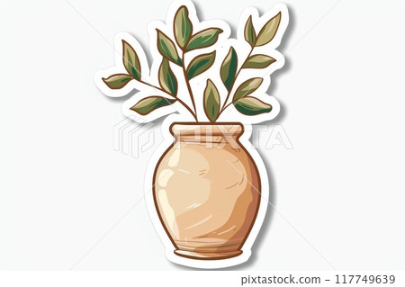 Decorative vase with branches of leaves on a light background 117749639