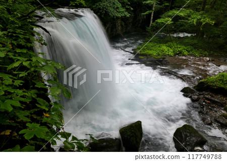 A view from above Choshi Falls in the Oirase Gorge 117749788