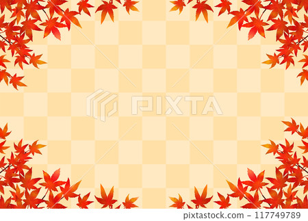 Autumn leaves and checkered pattern: Japanese-style autumn frame background 117749789