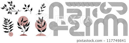 Zen arch set, simple line arch, botanical elements and geometric shapes. Geometric Japanese zen pattern minimal elements. Boho style strips. Zen arch set, simple line arch, botanical elements and geometric shapes. Geometric Japanese zen pattern minimal elements. Boho style strips. 117749841