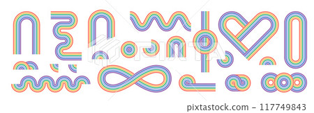 Zen arch colorful set, simple rainbow line arch and shapes. Geometric Japanese zen pattern minimal elements. Zen arch colorful set, simple rainbow line arch and shapes. Geometric Japanese zen pattern minimal elements. 117749843
