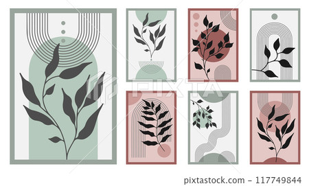 Zen arch poster set with botanical element, simple line arch shapes, and leavs. Geometric Japanese zen pattern minimal elements. Boho style strips, Zen arch poster set with botanical element, simple line arch shapes, and leavs. Geometric Japanese zen pattern minimal elements. Boho style strips, 117749844
