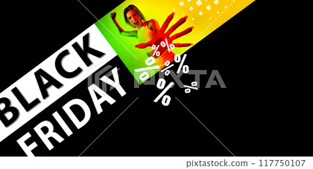Banner. Emotional woman with hand extended, surrounded by flying percentage symbols against black background with negative. Banner. Emotional woman with hand extended, surrounded by flying percentage symbols against black background with negative. 117750107