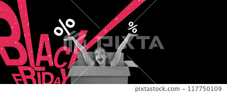Poster. Happy woman peaking out of card box and raising hands with bigger and smaller percentages against black background with colorful inscription. Poster. Happy woman peaking out of card box and raising hands with bigger and smaller percentages against black background with colorful inscription. 117750109