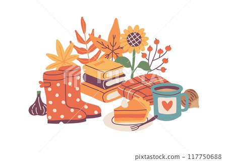 Autumn composition, cute hand drawn seasonal objects. Vector illustration in flat style 117750688