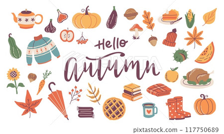 Hello autumn elements set with calligraphy, cute hand drawn seasonal objects. Vector illustration in flat style 117750689