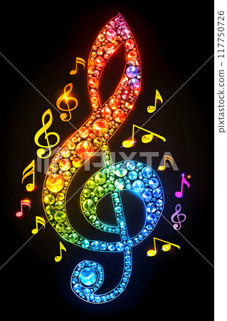 An artistic representation of a music note with colorful rainbow hues and abstract patterns, set against a dark background. It symbolizes creativity and artistic expression in music An artistic representation of a music note with colorful rainbow hues and abstract patterns, set against a dark background. It symbolizes creativity and artistic expression in music 117750726