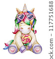 Cute unicorn  cartoon,  solated on white. Watercolor illustration. 117751688