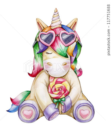 Cute unicorn cartoon, solated on white. Watercolor illustration. Cute unicorn cartoon, solated on white. Watercolor illustration. 117751688