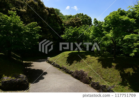 Castle lord's residence ruins and stone walls (Gifu Castle Kinkazan) 117751709