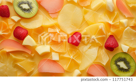 abstract fresh background pieces slices of different fruits top view 117751743