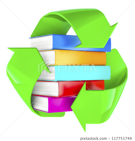 Recycle Books, concept. Recycling symbol with stack of books, 3D rendering 117751749