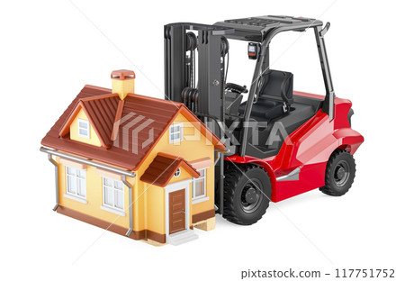 Forklift truck with house. Residential Moving, concept. 3D rendering Forklift truck with house. Residential Moving, concept. 3D rendering 117751752
