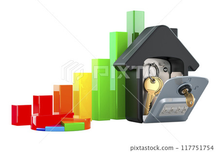 Security lock box for storage and transfer of keys with growth bar graph and pie chart. 3D rendering 117751754