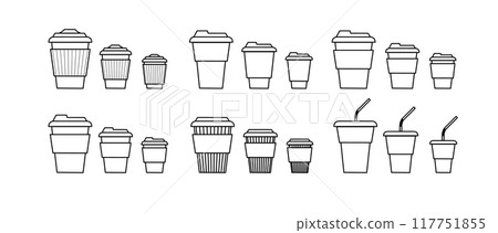 Coffee cup line and flat style. Disposable coffee cup. Coffee paper cup container for hot and cold drink juice tea cocoa. Vector 117751855