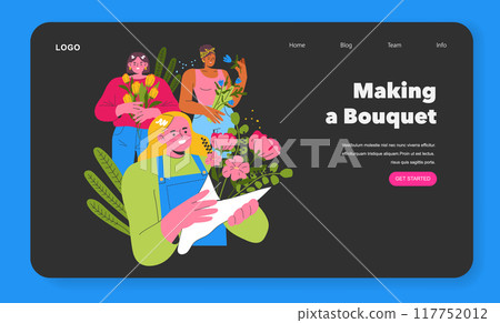Garden Girl concept. Joyful florists create floral arrangements, surrounded by lush greenery. Art of bouquet making, nature's beauty celebration. Vector illustration. Garden Girl concept. Joyful florists create floral arrangements, surrounded by lush greenery. Art of bouquet making, nature's beauty celebration. Vector illustration. 117752012