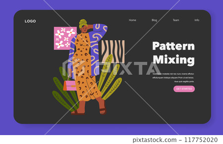 Fashion Trends concept. Stylish woman showcasing the art of pattern mixing in modern attire. Bold prints and cultural motifs. Vector illustration. 117752020