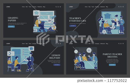 Teacher's daily routine set. Capturing moments from break time to student consultations. Online homework reviews and morning preparations. Vector illustration. 117752022