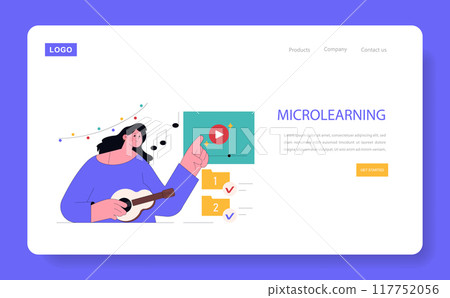 Adult Education concept. Online microlearning platform with a user playing guitar while viewing a lesson. Interactive and engaging music course. Vector illustration. Adult Education concept. Online microlearning platform with a user playing guitar while viewing a lesson. Interactive and engaging music course. Vector illustration. 117752056