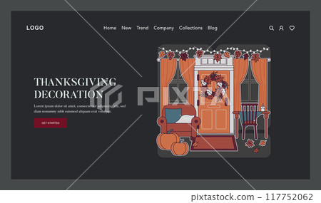 Thanksgiving Day concept. Cozy home entrance adorned with autumn wreath, pumpkins, and festive decor. Seasonal celebration mood capture. Vector illustration. Thanksgiving Day concept. Cozy home entrance adorned with autumn wreath, pumpkins, and festive decor. Seasonal celebration mood capture. Vector illustration. 117752062