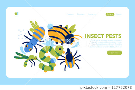 Insect pests concept. Colorful depiction of common garden bugs on a website interface promoting pest control. Vector illustration. Insect pests concept. Colorful depiction of common garden bugs on a website interface promoting pest control. Vector illustration. 117752078