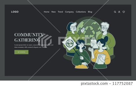 Community gathering concept. Group of diverse people unite for recycling and eco-friendliness, sharing a vision of sustainability. Vector illustration. Community gathering concept. Group of diverse people unite for recycling and eco-friendliness, sharing a vision of sustainability. Vector illustration. 117752087