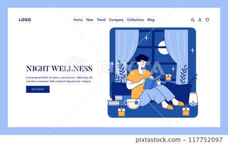 Night Wellness concept. Person relaxing at home by reading a book with a cozy window view. Self-care evening routine with book and candles. Vector illustration. Night Wellness concept. Person relaxing at home by reading a book with a cozy window view. Self-care evening routine with book and candles. Vector illustration. 117752097