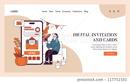 Thanksgiving Day concept. A person crafting a festive digital invitation surrounded by autumn leaves and a pumpkin. Warm holiday preparations theme. Vector illustration. Thanksgiving Day concept. A person crafting a festive digital invitation surrounded by autumn leaves and a pumpkin. Warm holiday preparations theme. Vector illustration. 117752101