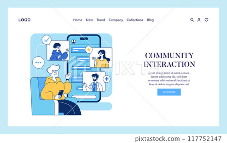 Health apps concept. An illustration of users engaging with a medical professional and peers through a mobile app interface. Interactive digital healthcare communication. Vector illustration. 117752147