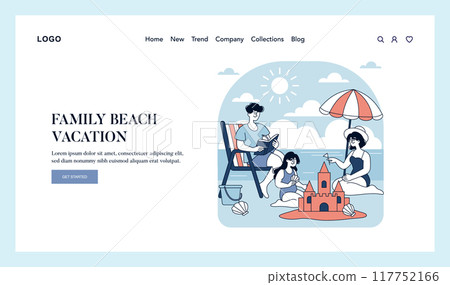 Family Beach Vacation concept. Parents and child enjoy a seaside holiday, building sandcastles under a sunny sky. Leisure, bonding, and summer fun. Vector illustration. Family Beach Vacation concept. Parents and child enjoy a seaside holiday, building sandcastles under a sunny sky. Leisure, bonding, and summer fun. Vector illustration. 117752166