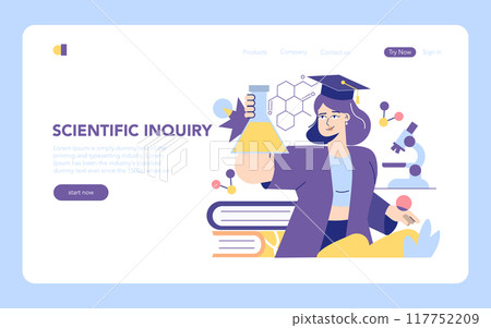 STEM education concept. A female student in a graduation cap engaged in scientific research with chemical and physical elements. Vector illustration. STEM education concept. A female student in a graduation cap engaged in scientific research with chemical and physical elements. Vector illustration. 117752209