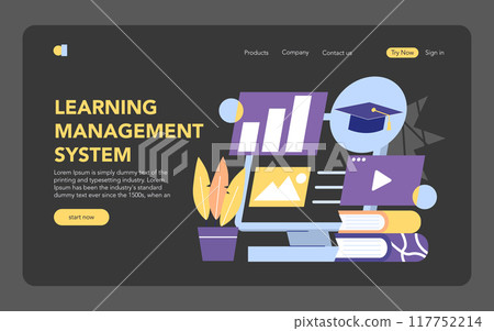 Online Education concept. A user-friendly interface for a Learning Management System. Books, graduation cap, and multimedia icons. Vector illustration. 117752214