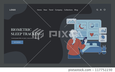 Biometric Sleep Tracking concept. Illustration of a woman monitoring her sleep patterns using a smartphone app. Visualizing health data for improved rest. Vector illustration. Biometric Sleep Tracking concept. Illustration of a woman monitoring her sleep patterns using a smartphone app. Visualizing health data for improved rest. Vector illustration. 117752230