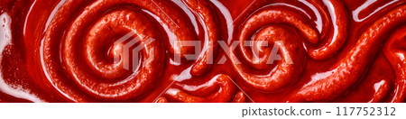 Red tomato paste,  ketchup, strawberry mousse or red paint texture or wallpaper. Food or organic background, wallpaper, material or banner. 117752312