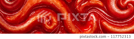 Red tomato paste,  ketchup, strawberry mousse or red paint texture or wallpaper. Food or organic background, wallpaper, material or banner. 117752313