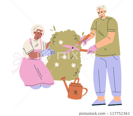 Nursing Home with Retired Man and Woman Character Prune Bush in the Garden Vector Illustration Nursing Home with Retired Man and Woman Character Prune Bush in the Garden Vector Illustration 117752361