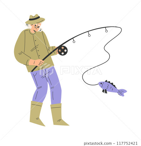 Senior Woman Character Stand with Fishing Rod Vector Illustration Senior Woman Character Stand with Fishing Rod Vector Illustration 117752421
